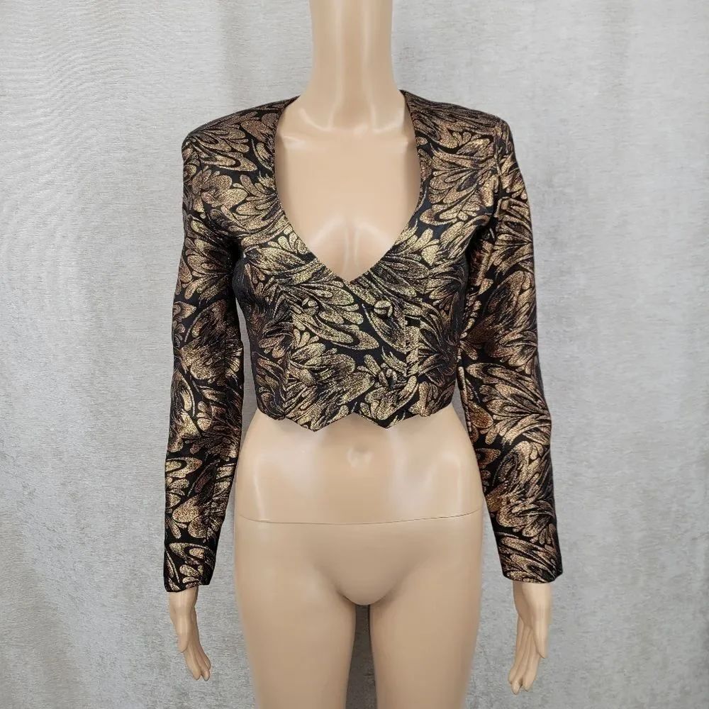 Vintage Gold and Black Brocade Cropped Jacket Double Breasted Blazer Western